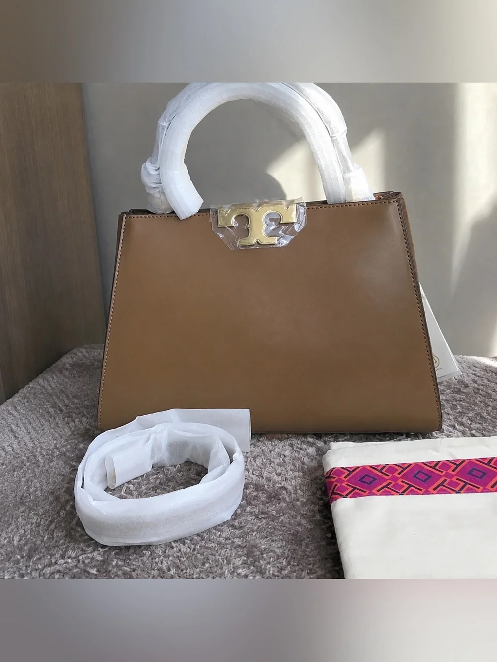 Tory Burch Camel Brown Leather Satchel with Gold Hardware
